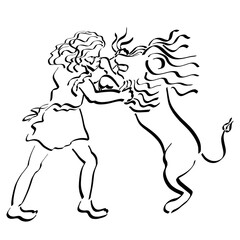strong biblical hero Samson wrestles with a lion, black outline on white background