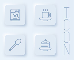 Fototapeta premium Set line Coffee machine, cup, Teaspoon and Piece cake. White square button. Vector