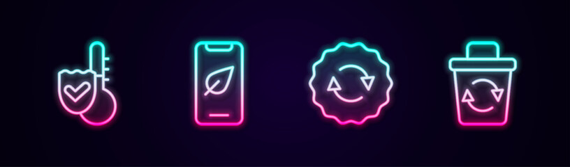 Set line Thermometer, Mobile phone with leaf, Recycle symbol and bin. Glowing neon icon. Vector