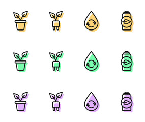 Set line Recycle clean aqua, Plant in pot, Electric saving plug leaf and Eco nature battery icon. Vector
