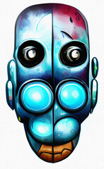 Oil painting in cartoon style robot head isolated on white background. Cyborg portrait hand drawn. Creative sci-fi design print for canvas, paper, textile, banner, shirt. Digital drawing android face