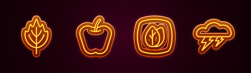 Set line Leaf, Apple, and Cloud and lightning. Glowing neon icon. Vector