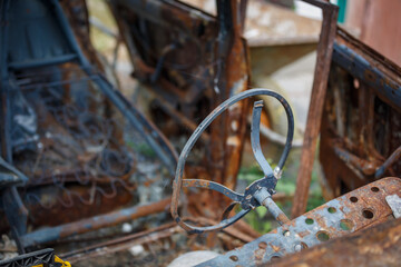 Andriyivka, Buchansky district, Kyiv region, Ukraine - 09.02.2022: Destruction of Andriyivka. Russia Ukraine war. Damaged in Andriyivka after fighting.