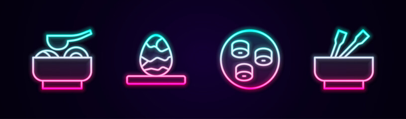 Set line Ramen soup bowl, Chinese tea egg, Sushi and Asian noodles. Glowing neon icon. Vector