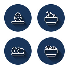 Set line Chinese tea egg, Rice with fish bowl, Chicken and Asian noodles with long shadow. Blue circle button. Vector