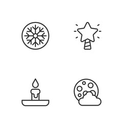 Set line Christmas night, Burning candle, Snowflake and star icon. Vector