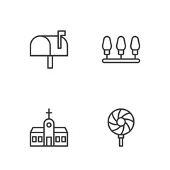 Set line Lollipop, Church building, Mail box and Christmas lights icon. Vector
