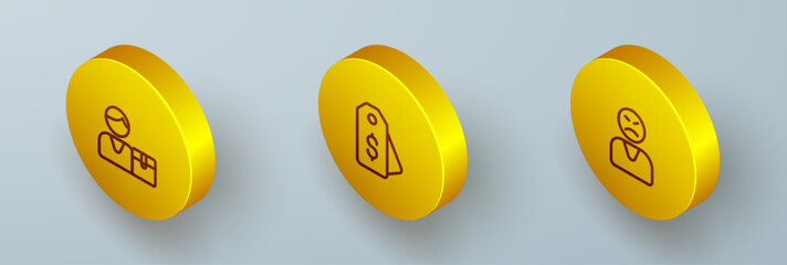 Set Isometric line Buyer, Price tag with dollar and Angry customer icon. Vector