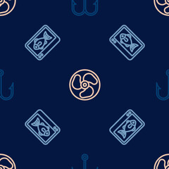 Set line Fishing hook, finder echo sounder and Outboard boat motor on seamless pattern. Vector