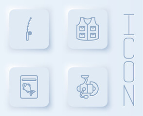 Set line Fishing rod, jacket, Served fish on plate and Spinning reel for fishing. White square button. Vector