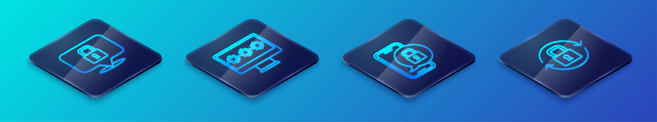 Set Isometric line Mobile with closed padlock, Lock, and Monitor password icon. Vector