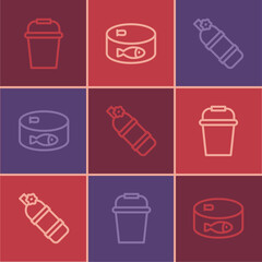 Set line Fishing bucket, Aqualung and Canned fish icon. Vector