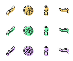 Set line Fishing lure, Knife, Speaker mute and Inflatable boat with motor icon. Vector