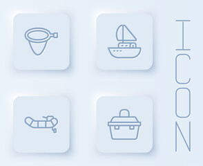 Set line Fishing net, Yacht sailboat, Inflatable with motor and Case box for fishing equipment. White square button. Vector