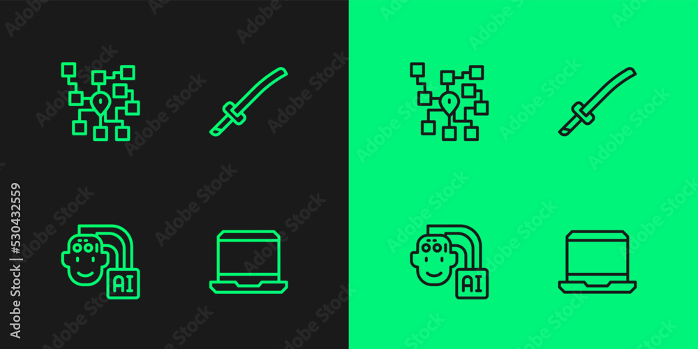 Wall mural set line laptop, humanoid robot, neural network and katana icon. vector