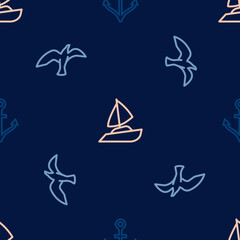 Set line Anchor, Bird seagull and Yacht sailboat on seamless pattern. Vector