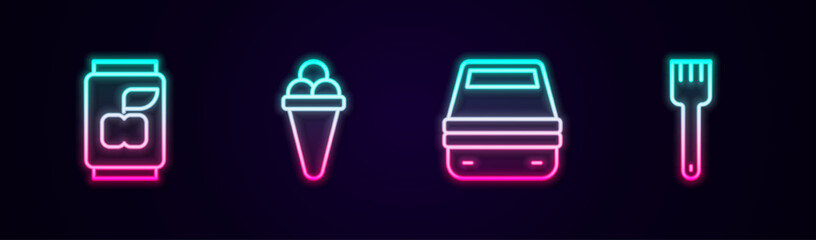 Fototapeta na wymiar Set line Soda can, Ice cream in waffle, Lunch box and Fork. Glowing neon icon. Vector