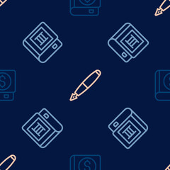 Set line Financial book, Book and Fountain pen nib on seamless pattern. Vector