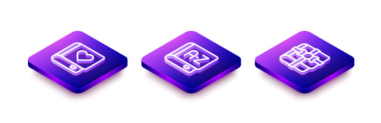 Set Isometric line Romance book, Translator and Book as gift icon. Vector