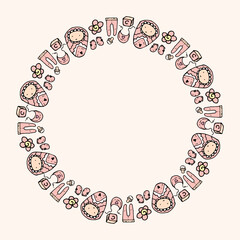 a template with a round pattern, in pink from a newborn baby in an envelope with a heart, sliders, a pacifier, a bib and cubes with an empty space inside for text, a black outline, this is a girl draw