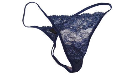 Dark blue women's lace thong isolated on white background. Elegant panties close-up. fashion underwear - obrazy, fototapety, plakaty