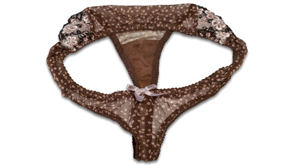 Brown women's lace panties isolated on white background. Elegant thong close-up. Fashion underwear