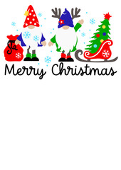 Merry Christmas sign. Two gnomes with a Christmas tree and a gift