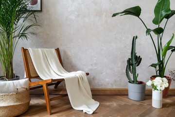 Wooden chair with white plaid, potted plant and wicker basket on the floor