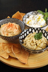 babaganush, hummus and curd with pita bread. arabic cuisine classics