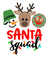 Santa squad vector file svg. Christmas deer, snowman, cookies clipart. Reindeer antlers, snowflakes
