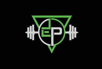 EP E P Letter Logo Design in Green and Gray Colors. Creative Modern Letters Vector Icon Logo, Gym and Fitness logo.