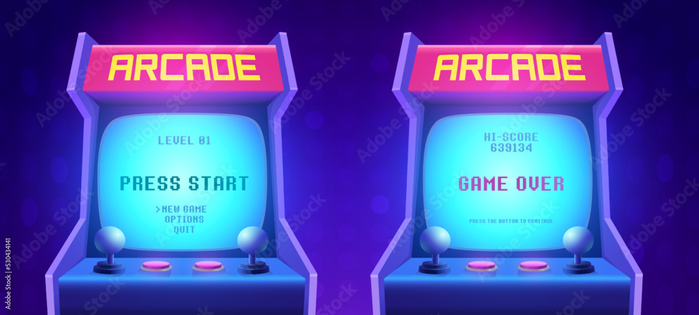 Fototapete arcade game screen. retro arcade game machine. 80s retro start play and game over interface screen. 