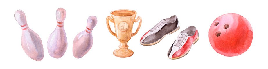 Set of watercolor colorful bowling illustration. Design elements.