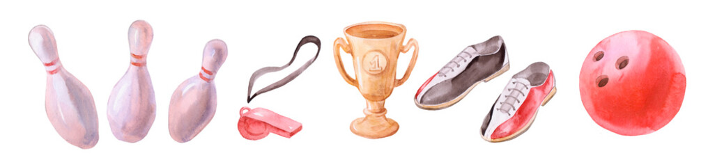 Watercolor bowling game objects collection including whistle, shoes, ball, skittles, golden cup. Bowling icon, banner, logo set