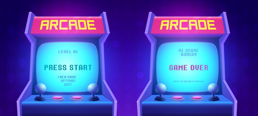 Arcade game screen. Retro arcade game machine. 80s retro start play and game over interface screen. Video gaming machine. Vector Illustration of play screen game computer © Vladyslav