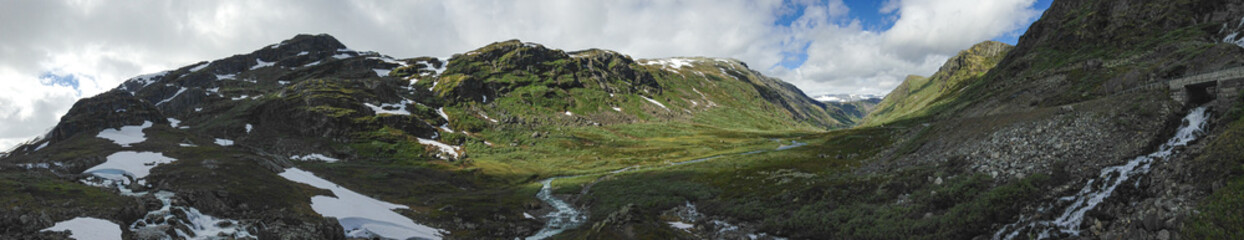 Panorama of stream from mountains in Norway