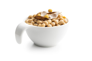 Soy beans. Dried soybean pod in bowl isolated on white background.