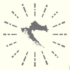 Croatia Logo. Grunge sunburst poster with map of the country. Shape of Croatia filled with hex digits with sunburst rays around. Captivating vector illustration.