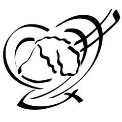 christian logo with symbols, lamb with heart with abstract cross and ichthyus, black outline