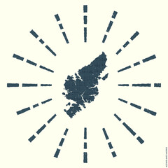 Lewis and Harris Logo. Grunge sunburst poster with map of the island. Shape of Lewis and Harris filled with hex digits with sunburst rays around. Appealing vector illustration.