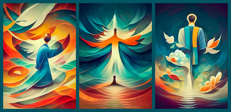 A cycle of paintings on the theme of religion, a set of three images of a praying person, the ascension of the soul to God, purification of consciousness, insight, finding harmony. 3d rendering