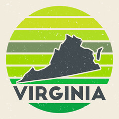 Virginia logo. Sign with the map of us state and colored stripes, vector illustration. Can be used as insignia, logotype, label, sticker or badge of the Virginia.