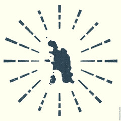 Pangkor Island Logo. Grunge sunburst poster with map of the island. Shape of Pangkor Island filled with hex digits with sunburst rays around. Cool vector illustration.