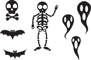 Set of Halloween Elements, Ghosts, Bats, Skull and Skeleton