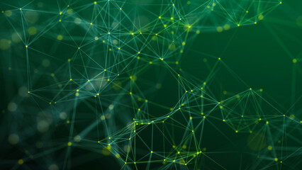 Visualization of big data. The concept of network connectivity . Abstract green background with lines and dots of different colors. 3D rendering.