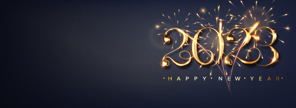 2023 Happy new year banner with flickering fireworks. Dark luxury background with golden metallic numbers date 2023. Vector illustration
