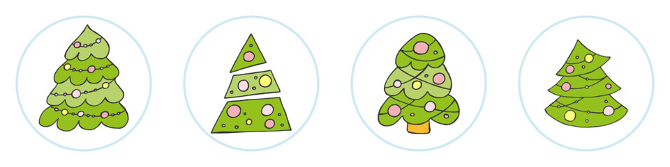A hand-drawn christmas tree. Vector illustration in doodle style. Winter mood. Hello 2023. Merry Christmas and Happy New Year. Green trees with a yellow and pink toys on a white background.
