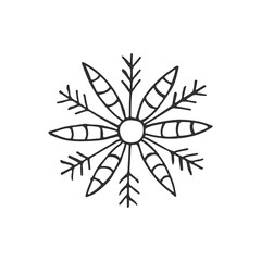 A hand-drawn snowflake. Vector illustration in doodle style. Winter mood. Hello 2023. Merry Christmas and Happy New Year. Black element on a white background.