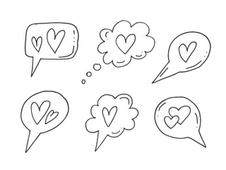 Set of cute hand-drawn doodle elements about love. Message stickers for apps. Icons for Valentines Day, romantic events and wedding. Dialog bubbles with hearts.