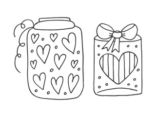 Set of cute hand-drawn doodle elements about love. Message stickers for apps. Icons for Valentines Day, romantic events and wedding. Jars with hearts and love potion.